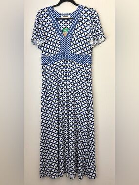 Boden Ellie Flutter Maxi Tea Dress Size US 8P NEW Blue Geometric Travel Vacation